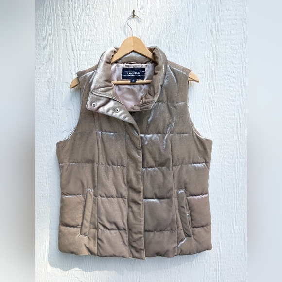 Lands' End Gold Velvet Quilted Puffer Full Zip Vest Women's Size Large - Picture 1 of 5